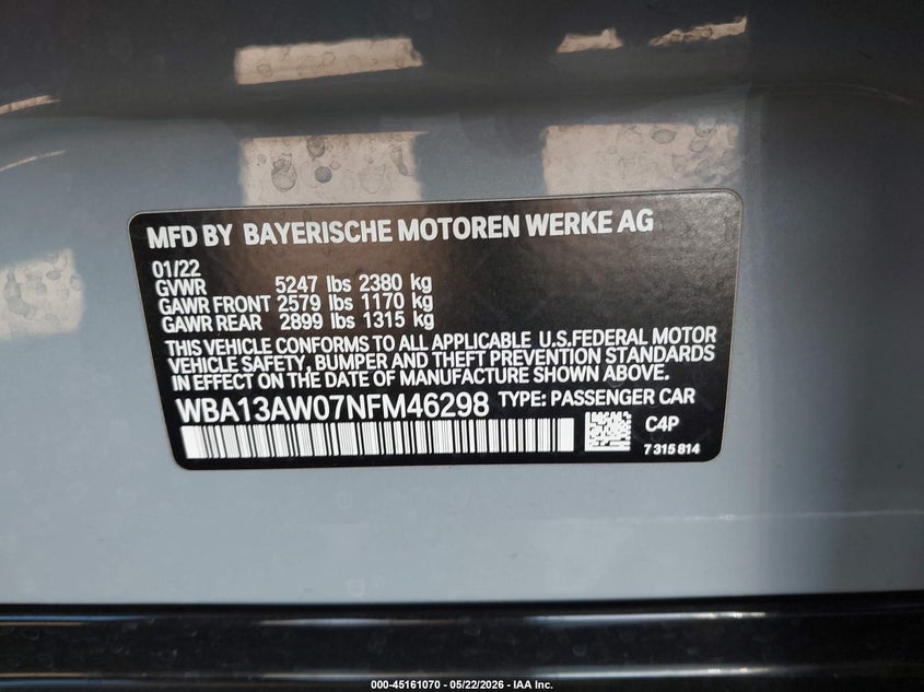 2022 BMW VIN WBA13AW07NFM46298 IAAI salvage auction — FRONT END, Salvage (Arizona), sold $25,450 on 2026-07-14 (photo 9)