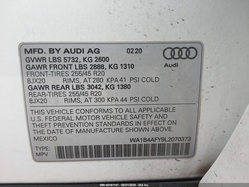 2020 Audi Sq5 VIN WA1B4AFY9L2070373 IAAI salvage auction — LEFT FRONT, Original (Texas), sold $9,900 on 2026-07-21 (photo 9)