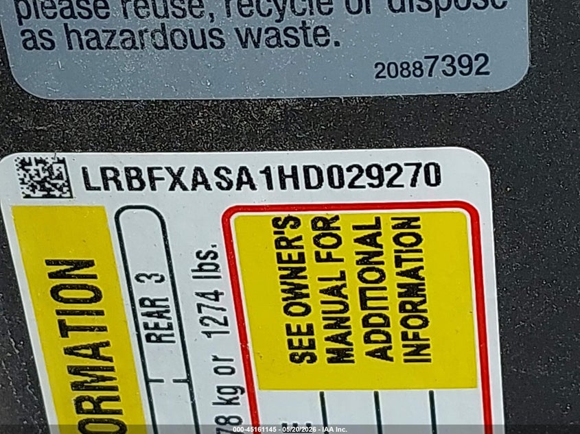 2017 Buick Envision VIN LRBFXASA1HD029270 IAAI salvage auction — HAIL, Original (Texas), sold $1,350 on 2026-07-21 (photo 9)
