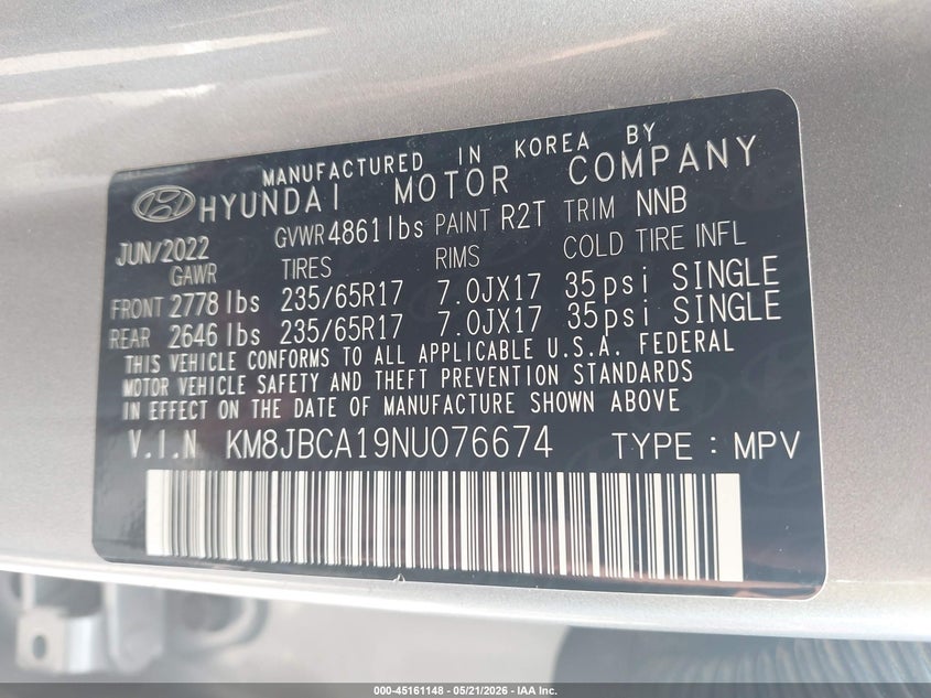 2022 Hyundai VIN KM8JBCA19NU076674 IAAI salvage auction — FRONT END, Salvage (Mississippi), sold $6,700 on 2026-07-18 (photo 9)