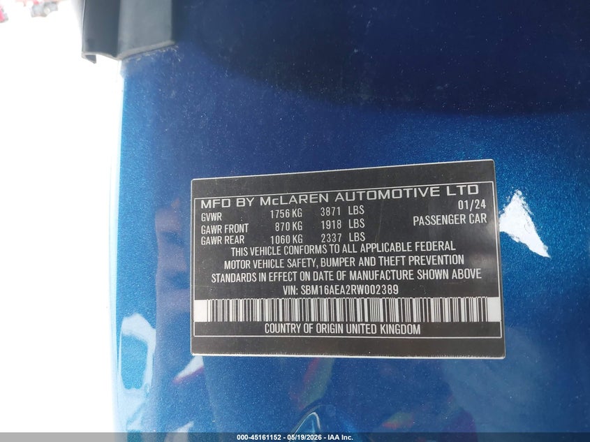 2024 Mclaren Artura VIN SBM16AEA2RW002389 IAAI salvage auction — REAR END, Certificate Of Destruction (Florida), sold $85,250 on 2026-07-28 (photo 9)