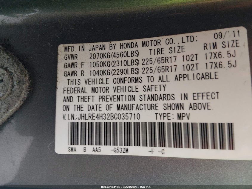 2011 Honda Cr-v VIN JHLRE4H32BC035710 IAAI salvage auction — FRONT END, Salvage (Idaho), sold $525 on 2026-07-09 (photo 9)