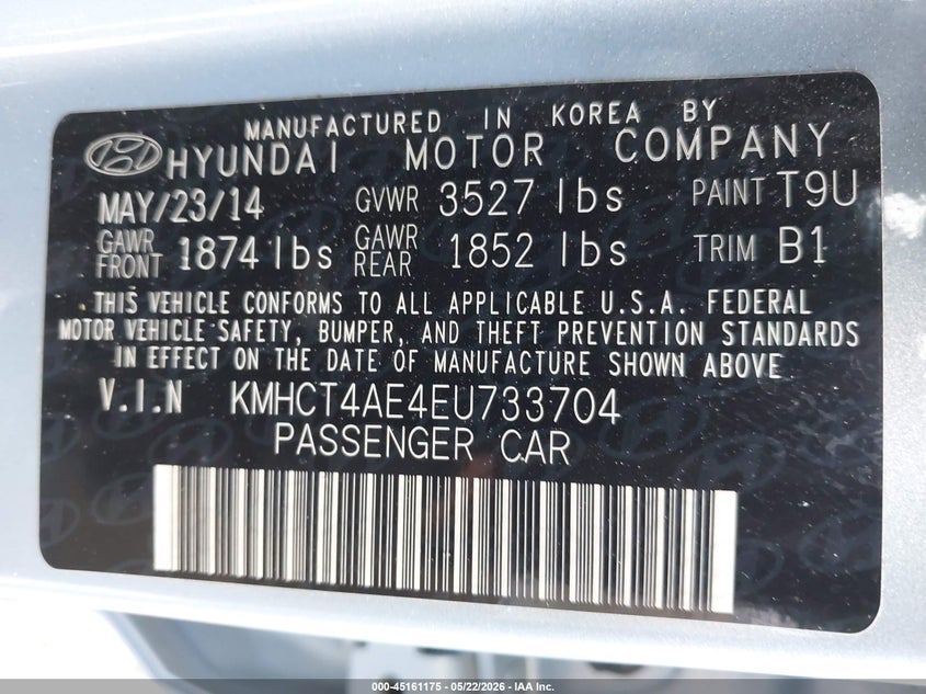 2014 Hyundai Accent VIN KMHCT4AE4EU733704 IAAI salvage auction — REAR END, Salvage - Greater Than 75% (Maryland), sold $675 on 2026-07-23 (photo 9)