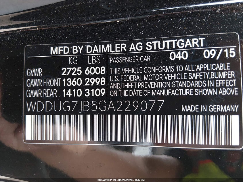 2016 Mercedes-benz VIN WDDUG7JB5GA229077 IAAI salvage auction — UNKNOWN, Salvage (Texas), sold $15,100 on 2026-07-23 (photo 9)