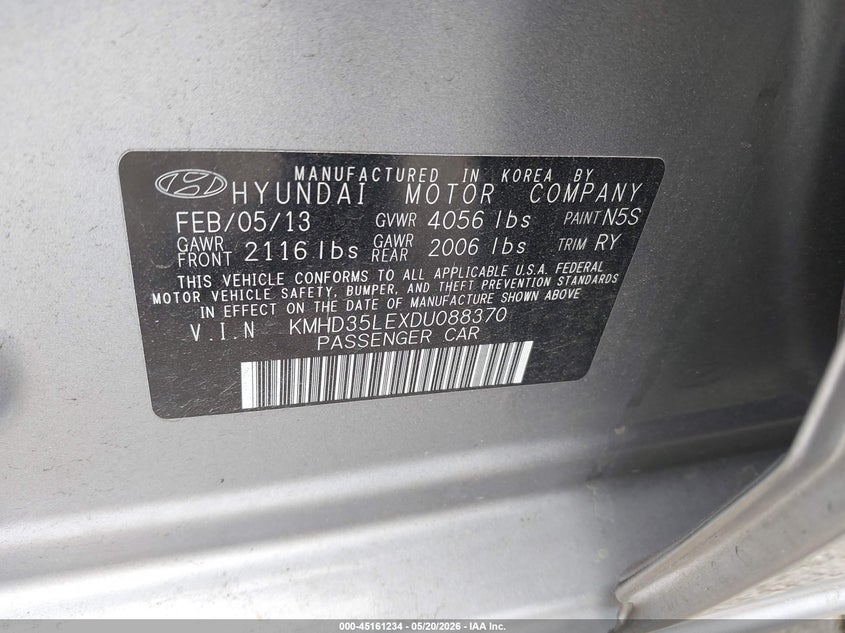 2013 Hyundai Elantra VIN KMHD35LEXDU088370 IAAI salvage auction — FRONT END, Salvage (California), sold $625 on 2026-07-15 (photo 9)