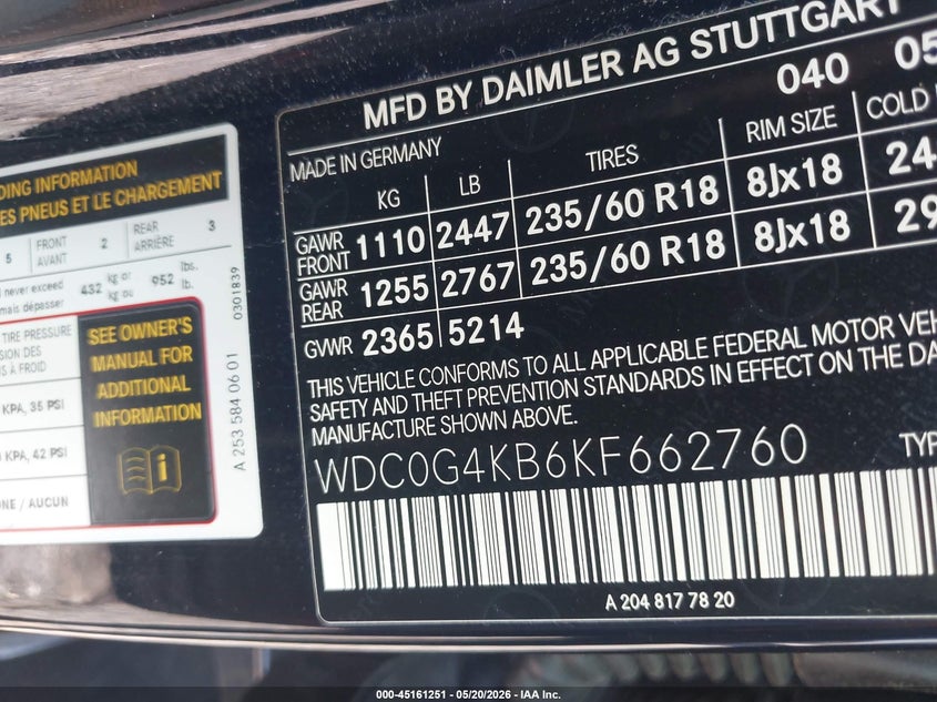 2019 Mercedes-benz Glc VIN WDC0G4KB6KF662760 IAAI salvage auction — FRONT END, Salvage - Greater Than 75% (Maryland), sold $7,600 on 2026-07-30 (photo 9)