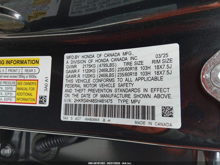 2025 Honda Cr-v VIN 2HKRS4H48SH481475 IAAI salvage auction — REAR END, Salvage (Missouri), sold $8,900 on 2026-07-30 (photo 9)