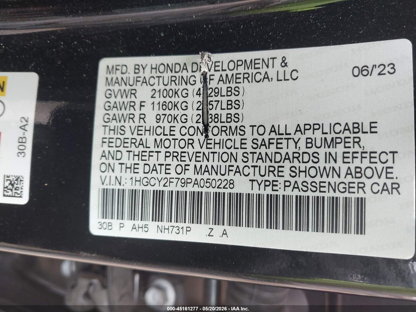 2023 Honda Accord VIN 1HGCY2F79PA050228 IAAI salvage auction — LEFT FRONT, Scrap (Michigan), sold $8,450 on 2026-07-30 (photo 9)