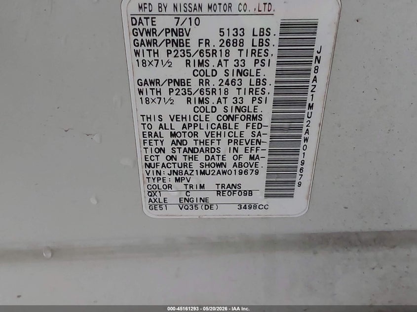 2010 Nissan Murano VIN JN8AZ1MU2AW019679 IAAI salvage auction — HAIL, Original (Texas), sold $875 on 2026-07-17 (photo 9)