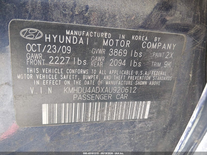 2010 Hyundai Elantra VIN KMHDU4ADXAU920612 IAAI salvage auction — FRONT & REAR, Salvage (South Carolina), sold $275 on 2026-07-07 (photo 9)