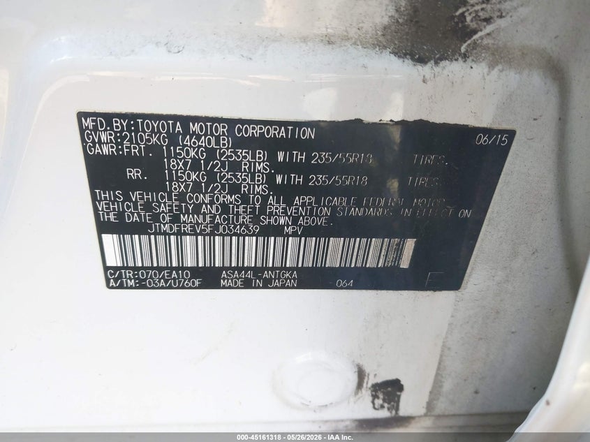 2015 Toyota Rav 4 VIN JTMDFREV5FJ034639 IAAI salvage auction — FRONT END, Mv-907A (New York), sold $2,600 on 2026-07-08 (photo 9)