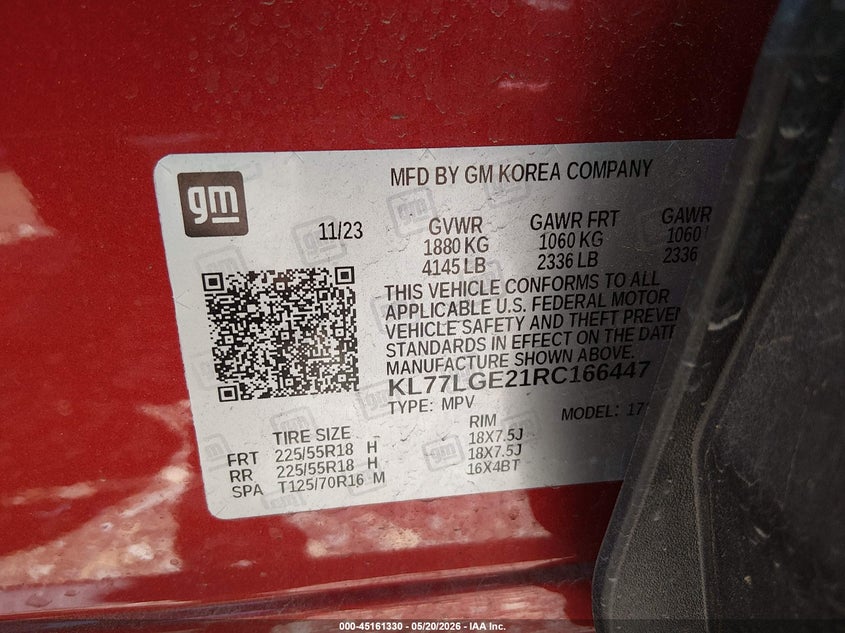 2024 Chevrolet Trax VIN KL77LGE21RC166447 IAAI salvage auction — FRONT END, Salvage (Texas), sold $5,500 on 2026-07-21 (photo 9)