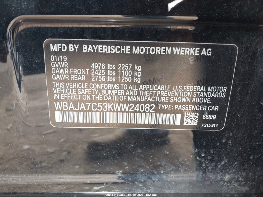 2019 BMW 5er VIN WBAJA7C53KWW24082 IAAI salvage auction — FRONT END, Salvage (Indiana), sold $6,400 on 2026-07-24 (photo 9)