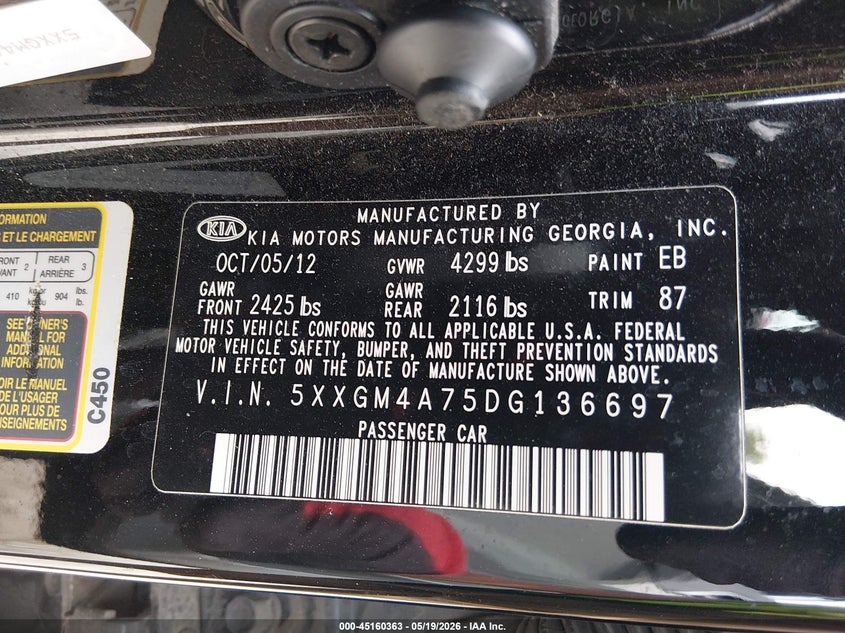 2013 Kia Optima VIN 5XXGM4A75DG136697 IAAI salvage auction — NORMAL WEAR, Original (Kentucky), sold $375 on 2026-07-06 (photo 9)