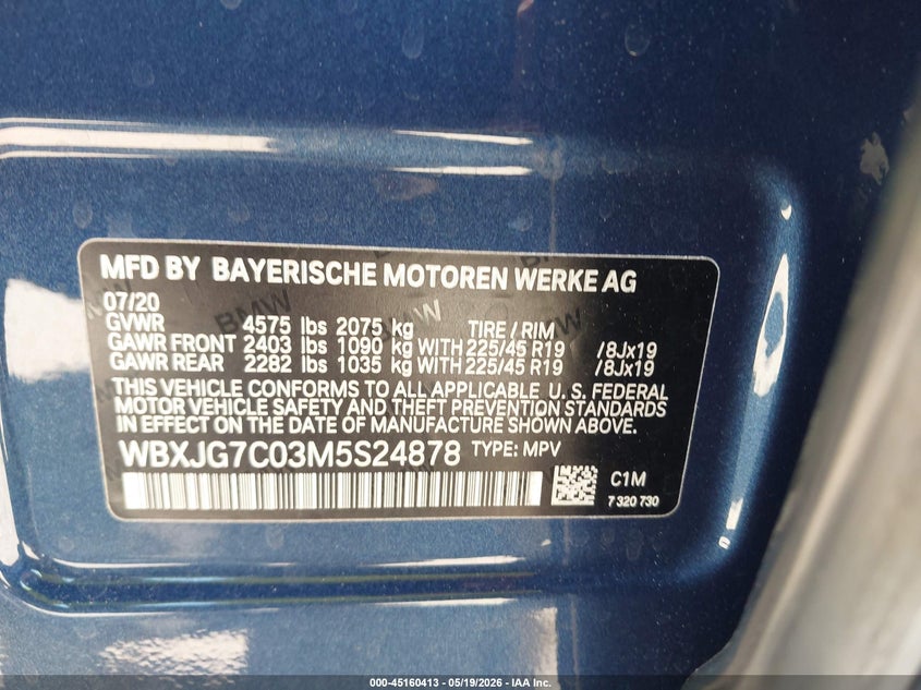 2021 BMW X1 VIN WBXJG7C03M5S24878 IAAI salvage auction — SIDE, Salvage (North Carolina), sold $7,100 on 2026-07-10 (photo 9)