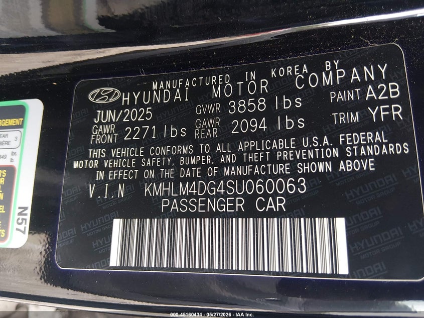 2025 Hyundai Elantra VIN KMHLM4DG4SU060063 IAAI salvage auction — RIGHT SIDE, Salvage Title, sold $4,950 on 2026-07-27 (photo 9)