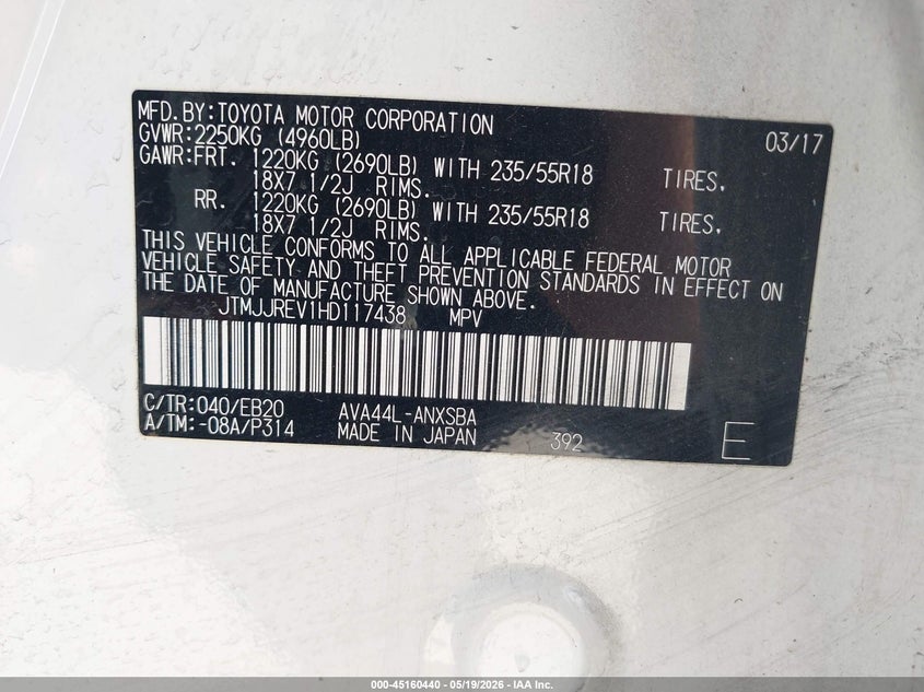 2017 Toyota Rav 4 VIN JTMJJREV1HD117438 IAAI salvage auction — REAR END, Original (Texas), sold $5,700 on 2026-07-11 (photo 9)