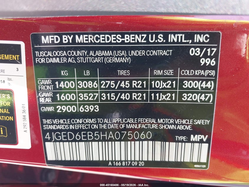 2017 Mercedes-benz Amg gle coupe VIN 4JGED6EB5HA075060 IAAI salvage auction — REAR END, Salvage - 75% Or Less (Maryland), sold $21,275 on 2026-08-20 (photo 9)