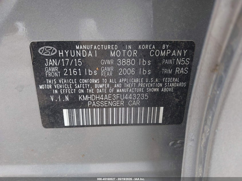 2015 Hyundai Elantra VIN KMHDH4AE3FU443235 IAAI salvage auction — FRONT END, Clear (Indiana), sold $1,800 on 2026-07-15 (photo 9)