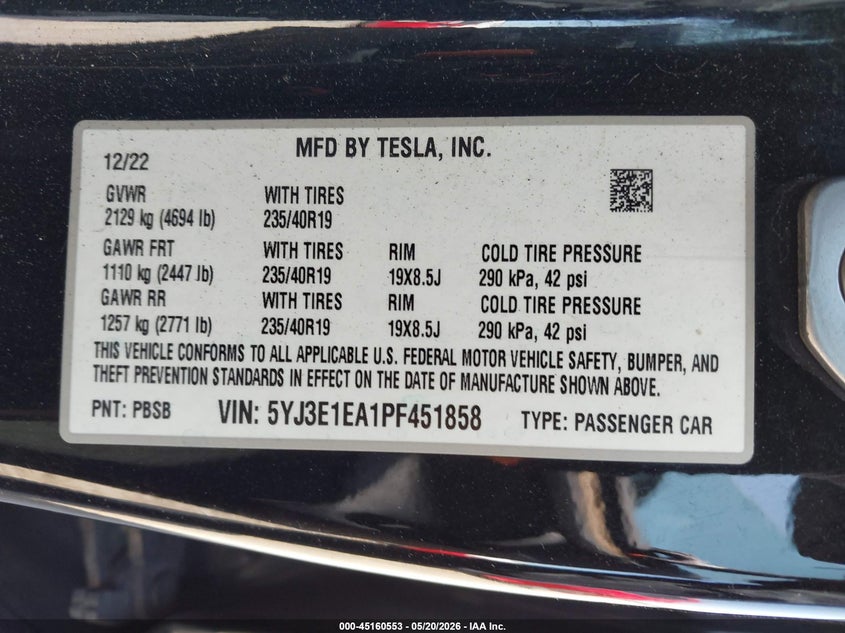 2023 Tesla Model 3 VIN 5YJ3E1EA1PF451858 IAAI salvage auction — FRONT END, Salvage (Pennsylvania), sold $6,300 on 2026-07-24 (photo 9)