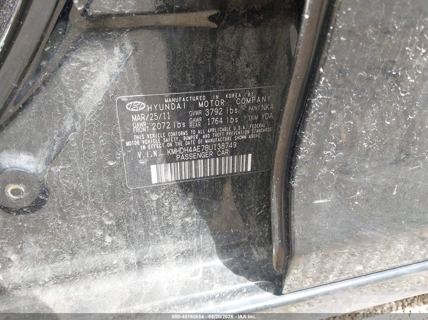 2011 Hyundai Elantra VIN KMHDH4AE7BU138749 IAAI salvage auction — HAIL, Salvage (Illinois), sold $450 on 2026-07-15 (photo 9)