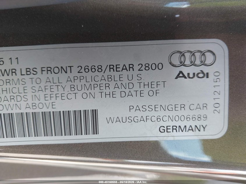 2012 Audi A7 VIN WAUSGAFC6CN006689 IAAI salvage auction — LEFT FRONT, Clear (New York), sold $1,050 on 2026-07-22 (photo 9)