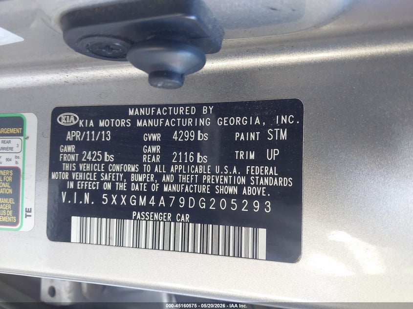 2013 Kia Optima VIN 5XXGM4A79DG205293 IAAI salvage auction — FRONT END, Bill Of Sale (Georgia), sold $350 on 2026-07-10 (photo 9)