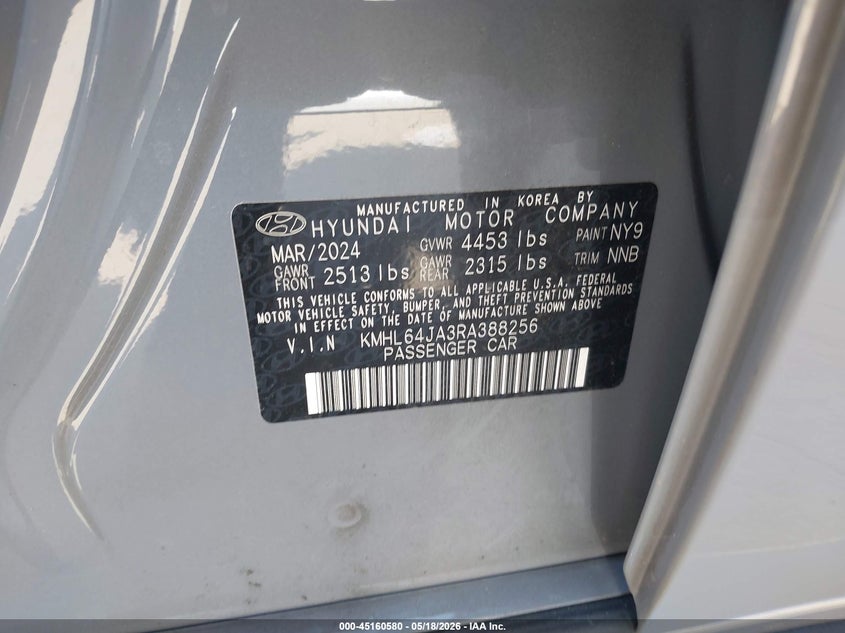 2024 Hyundai Sonata VIN KMHL64JA3RA388256 IAAI salvage auction — RIGHT SIDE, Salvage (California), sold $8,700 on 2026-07-15 (photo 9)