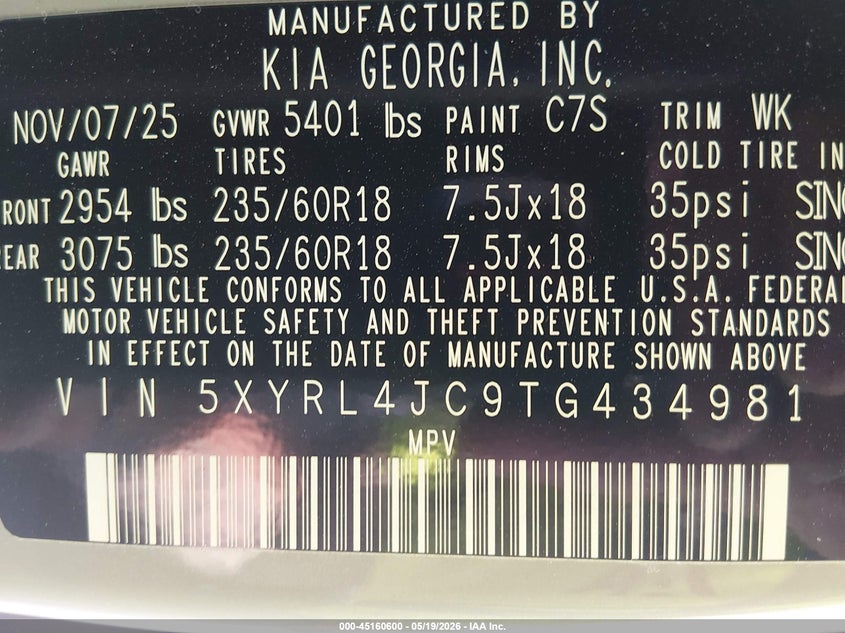 2026 Kia Sorento VIN 5XYRL4JC9TG434981 IAAI salvage auction — ROLLOVER, Salvage (South Carolina), sold $6,000 on 2026-07-29 (photo 9)