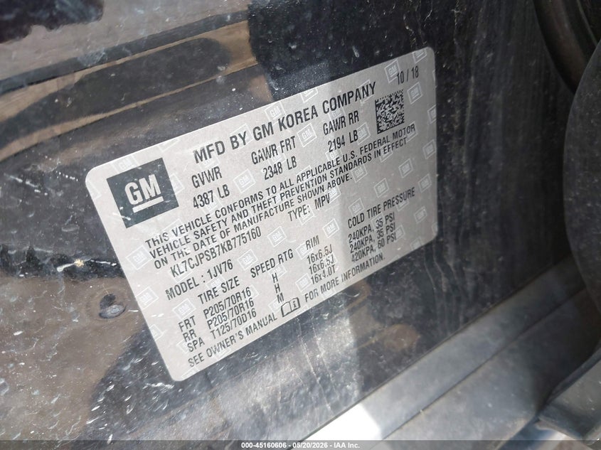 2019 Chevrolet Trax VIN KL7CJPSB7KB775160 IAAI salvage auction — FRONT END, Salvage (Iowa), sold $500 on 2026-07-27 (photo 9)