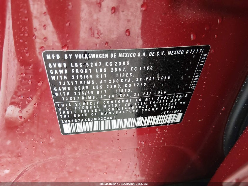 2018 Volkswagen Tiguan VIN 3VV1B7AX8JM022461 IAAI salvage auction — HAIL, Salvage Title, sold $4,500 on 2026-08-03 (photo 9)