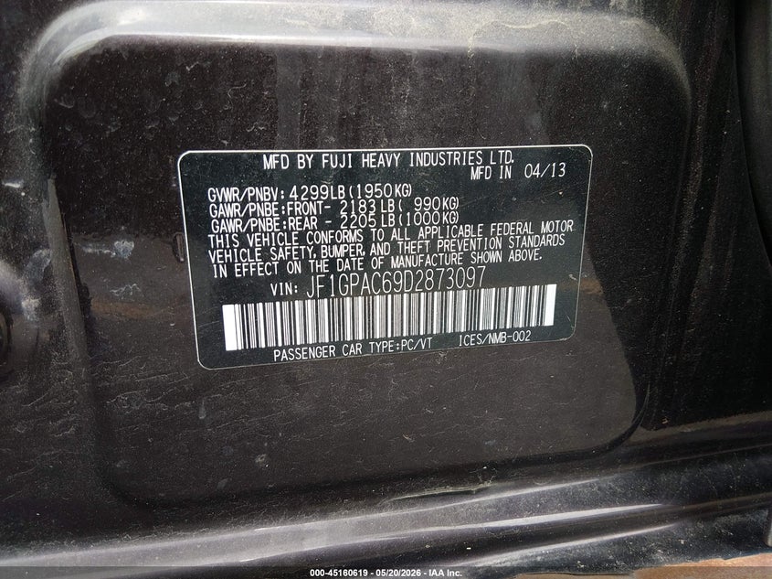 2013 Subaru Impreza VIN JF1GPAC69D2873097 IAAI salvage auction — LEFT & RIGHT, Salvage (Colorado), sold $575 on 2026-07-28 (photo 9)