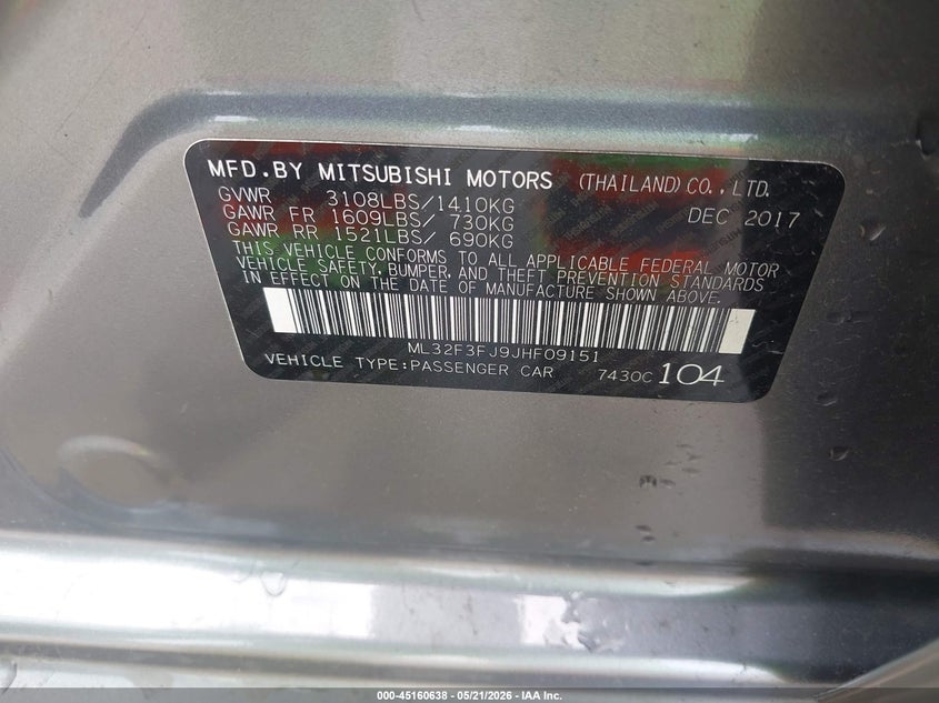 2018 Mitsubishi Mirage VIN ML32F3FJ9JHF09151 IAAI salvage auction — FRONT END, Salvage (Texas), sold $1,775 on 2026-07-10 (photo 9)