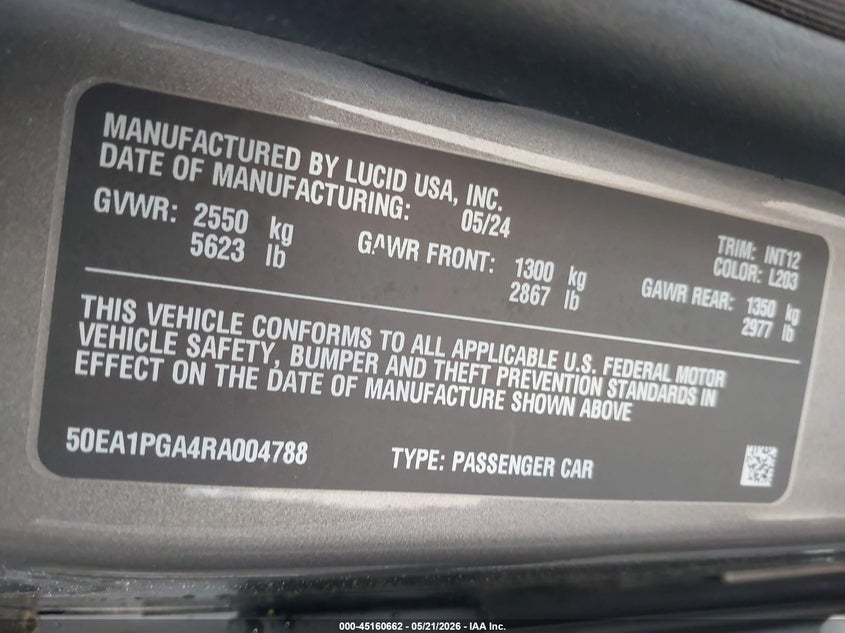 2024 Lucid Air VIN 50EA1PGA4RA004788 IAAI salvage auction — FRONT END, Wait Title, sold $8,000 on 2026-10-03 (photo 9)