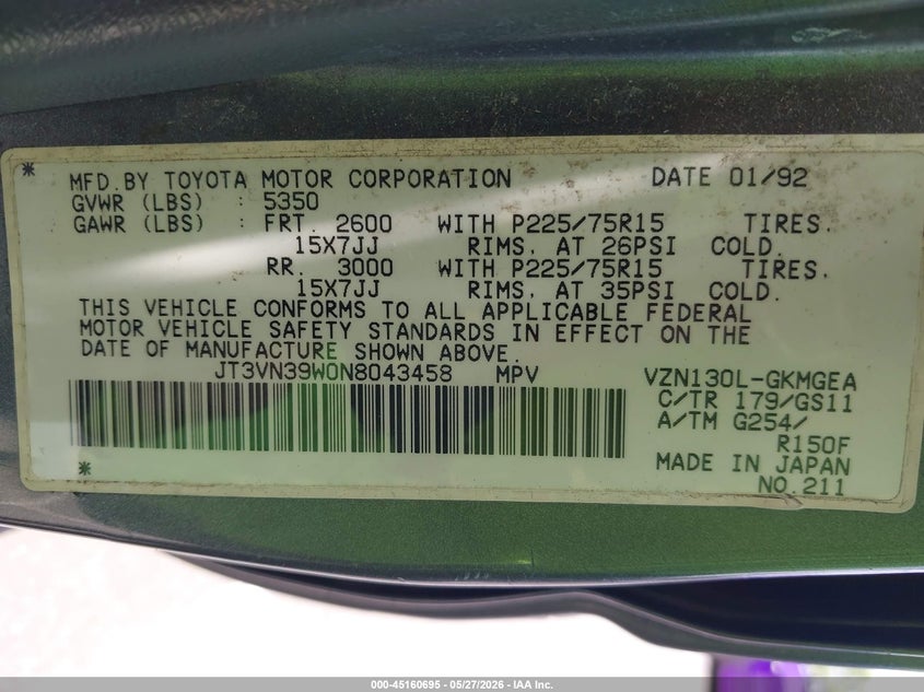 1992 Toyota 4runner VIN JT3VN39W0N8043458 IAAI salvage auction — NORMAL WEAR, Clear (Hawaii), sold $2,200 on 2026-07-14 (photo 9)
