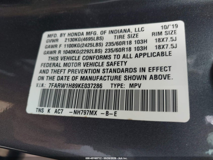 2019 Honda Cr-v VIN 7FARW1H89KE037286 IAAI salvage auction — FRONT & REAR, Original (Texas), sold $6,100 on 2026-07-28 (photo 9)