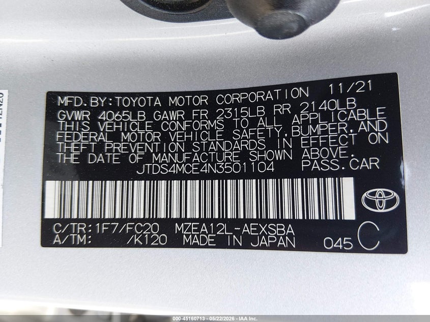 2022 Toyota Corolla VIN JTDS4MCE4N3501104 IAAI salvage auction — LEFT SIDE, Salvage (Nevada), sold $6,400 on 2026-07-10 (photo 9)