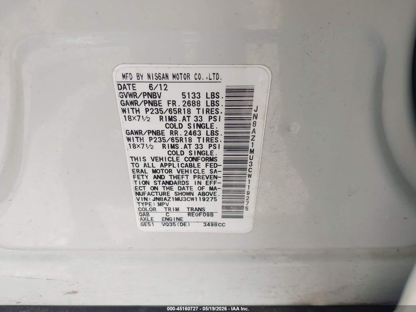 2012 Nissan Murano VIN JN8AZ1MU3CW119275 IAAI salvage auction — FRONT END, Salvage (Louisiana), sold $250 on 2026-07-22 (photo 9)