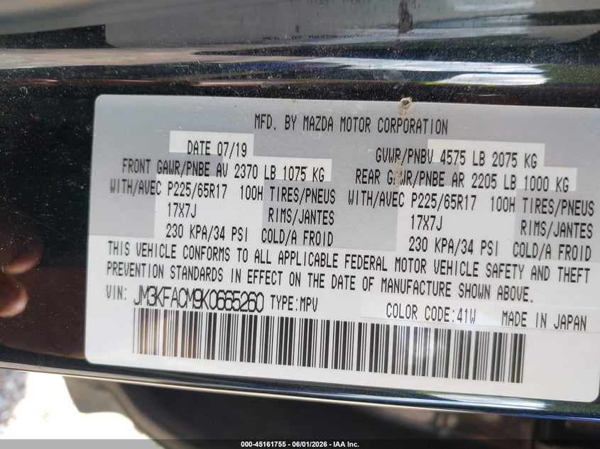 2019 Mazda Cx-5 VIN JM3KFACM9K0665260 IAAI salvage auction — FRONT END, Original (Texas), sold $1,300 on 2026-07-23 (photo 9)