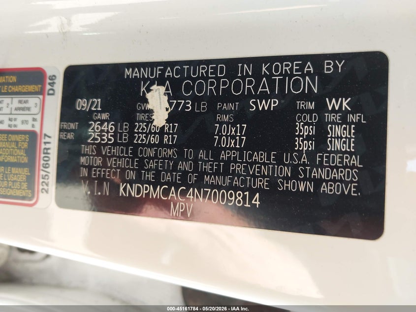 2022 Kia Sportage VIN KNDPMCAC4N7009814 IAAI salvage auction — LEFT FRONT, Salvage (California), sold $3,250 on 2026-07-29 (photo 9)