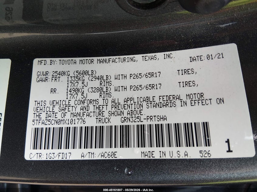 2021 Toyota Tacoma VIN 5TFAZ5CN0MX101776 IAAI salvage auction — RIGHT REAR, Salvage Title, sold $9,750 on 2026-07-09 (photo 9)