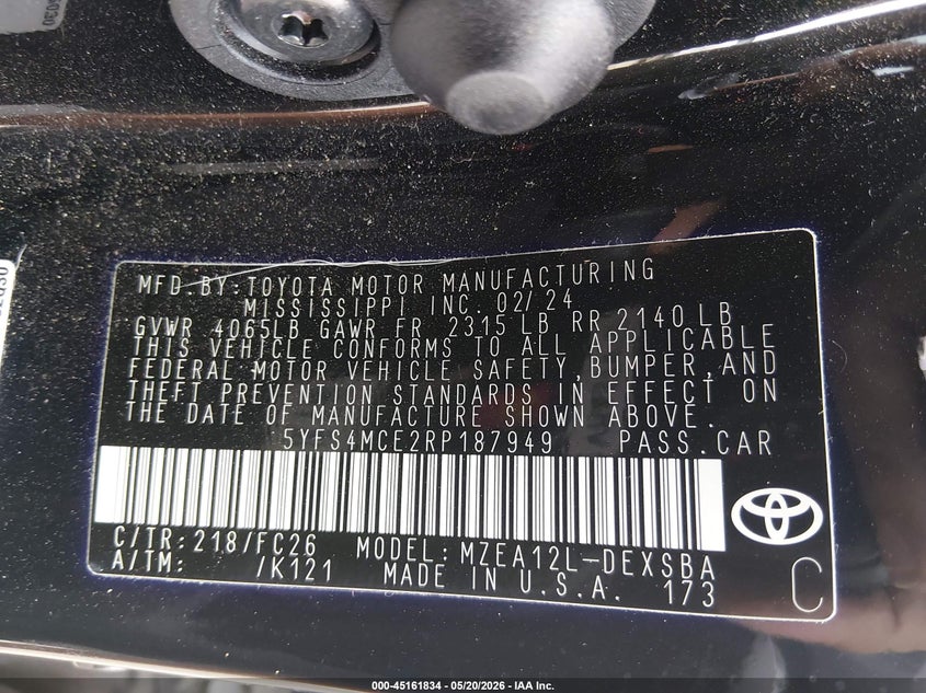 2024 Toyota Corolla VIN 5YFS4MCE2RP187949 IAAI salvage auction — FRONT & REAR, Salvage (Texas), sold $4,550 on 2026-07-14 (photo 9)