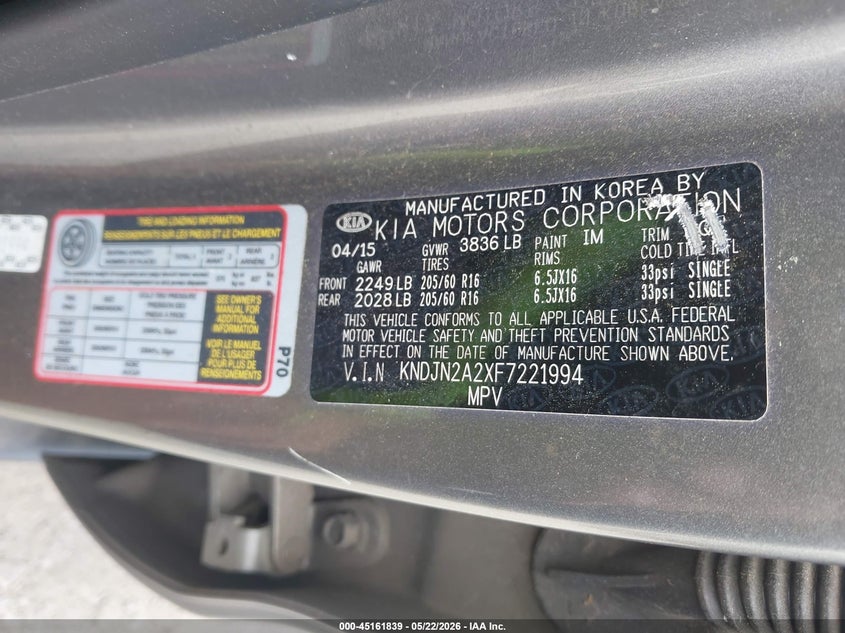 2015 Kia Soul VIN KNDJN2A2XF7221994 IAAI salvage auction — NORMAL WEAR, Clear (Georgia), sold $925 on 2026-07-14 (photo 9)