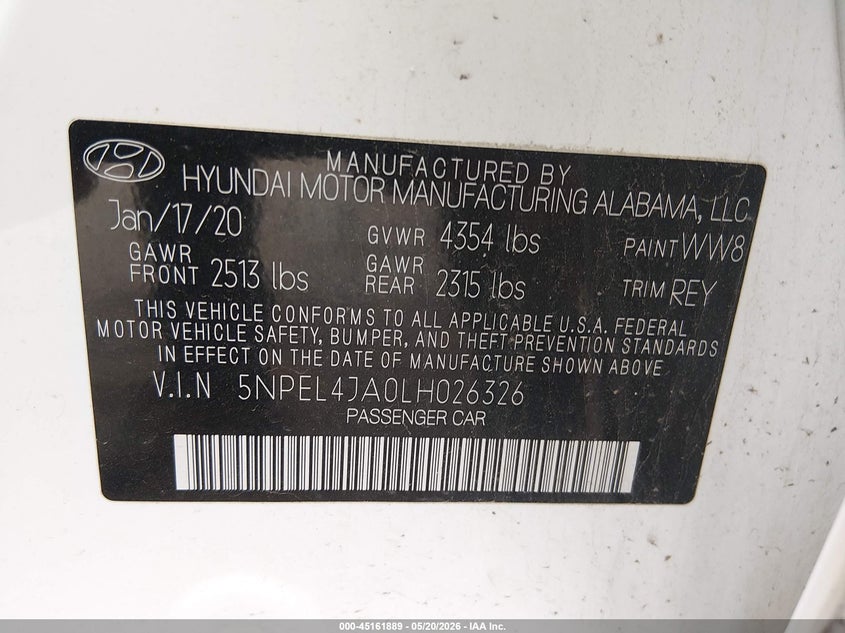 2020 Hyundai Sonata VIN 5NPEL4JA0LH026326 IAAI salvage auction — FRONT END, Salvage (Illinois), sold $1,925 on 2026-07-15 (photo 9)