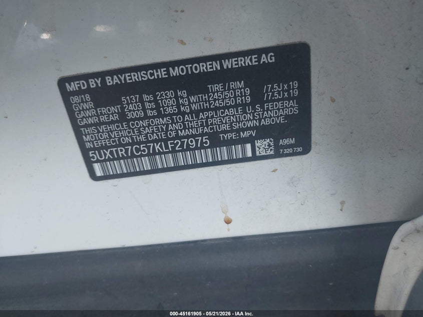 2019 BMW X3 VIN 5UXTR7C57KLF27975 IAAI salvage auction — REAR END, Salvage (California), sold $6,200 on 2026-07-07 (photo 9)