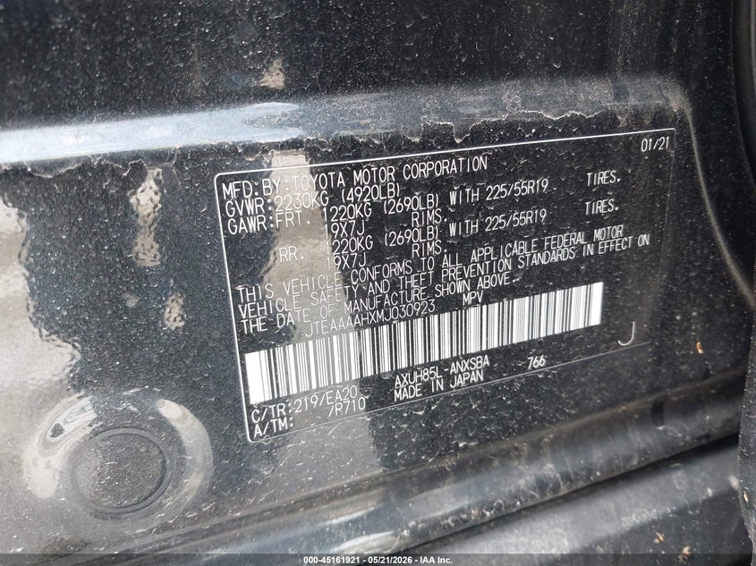 2021 Toyota Venza VIN JTEAAAAHXMJ030923 IAAI salvage auction — FRONT END, Salvage (Illinois), sold $13,500 on 2026-07-08 (photo 9)