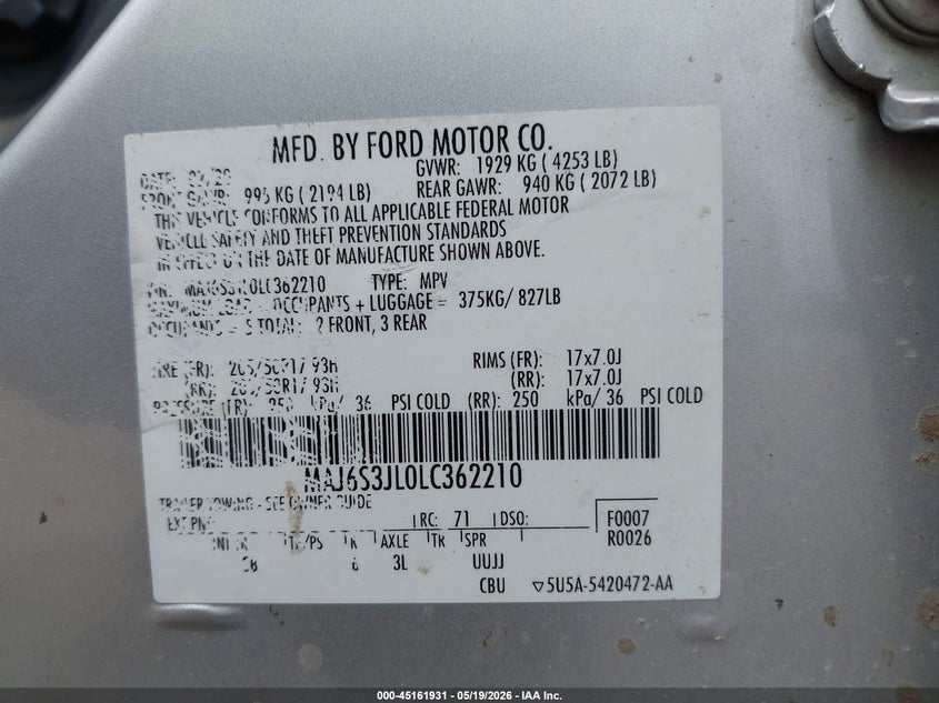 2020 Ford Ecosport VIN MAJ6S3JL0LC362210 IAAI salvage auction — FRONT & REAR, Salvage (Indiana), sold $300 on 2026-07-14 (photo 9)