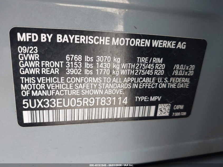 2024 BMW X5 VIN 5UX33EU05R9T83114 IAAI salvage auction — FRONT END, Salvage Title, sold $15,100 on 2026-07-28 (photo 9)