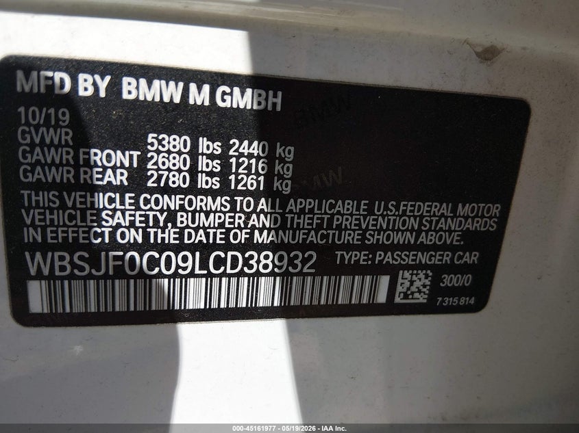 2020 BMW M5 VIN WBSJF0C09LCD38932 IAAI salvage auction — Unknown, Clear (Tennessee), sold $17,500 on 2026-06-11 (photo 9)