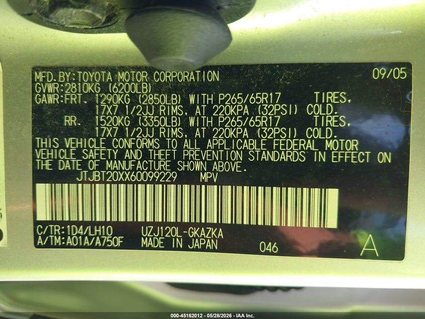 2006 Lexus Gx 470 VIN JTJBT20XX60099229 IAAI salvage auction — FRONT END, Salvage (Illinois), sold $1,650 on 2026-07-13 (photo 9)